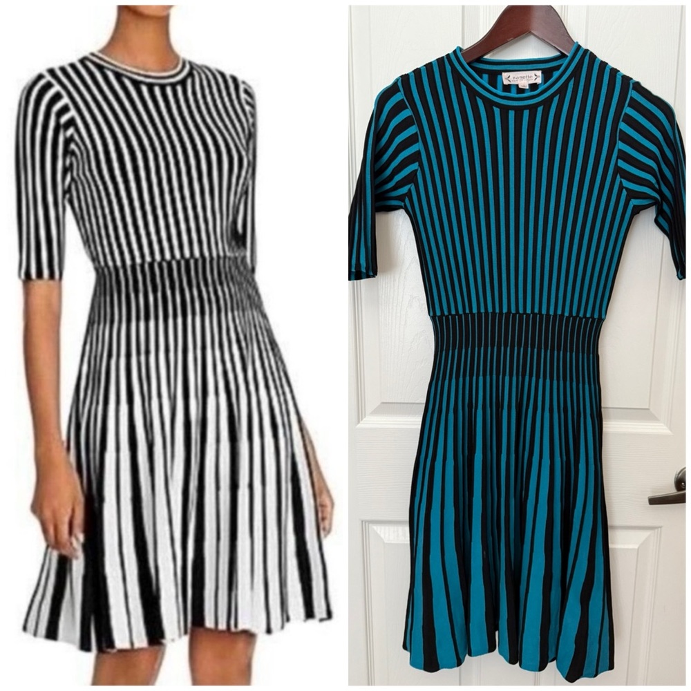 Nanette Lepore Teal & Black Vertical Stripes Mid Century Mod Cocktail Knit Dress